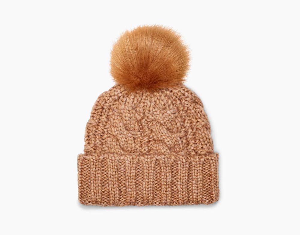 Ugg Beanies Canada - Ugg Women's Knit Cable Faux Fur Pom Khaki